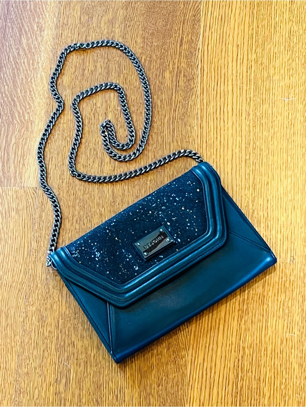 St. John Collection Black Leather Crossbody Xlutch Bag Sequins